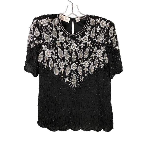 Laurence Kazar Tops - Laurence Kazar Vintage Short Sleeve silk top, Beaded, Black & Silver, Sz L